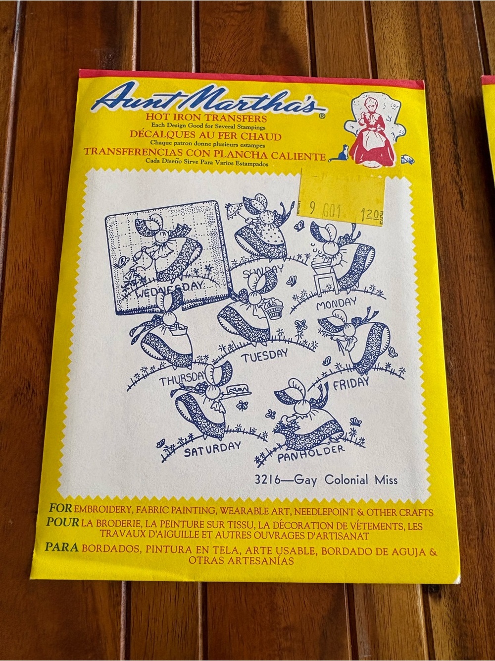 Vintage Aunt Martha’s 3216 Gay Colonial Miss hot iron embroidery transfer
